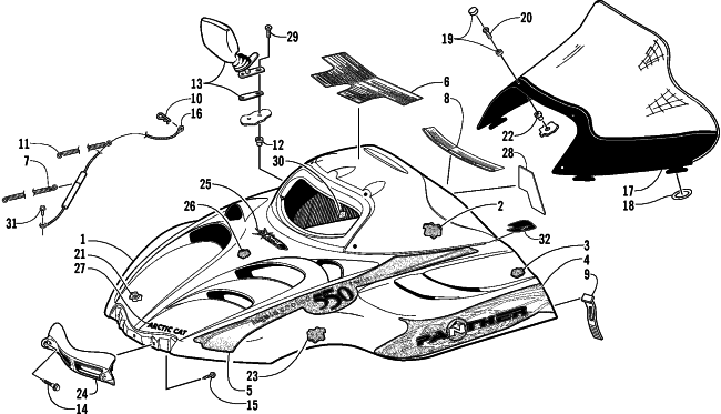 Parts Diagram for Arctic Cat 2001 PANTHER 550 () SNOWMOBILE HOOD AND WINDSHIELD ASSEMBLY