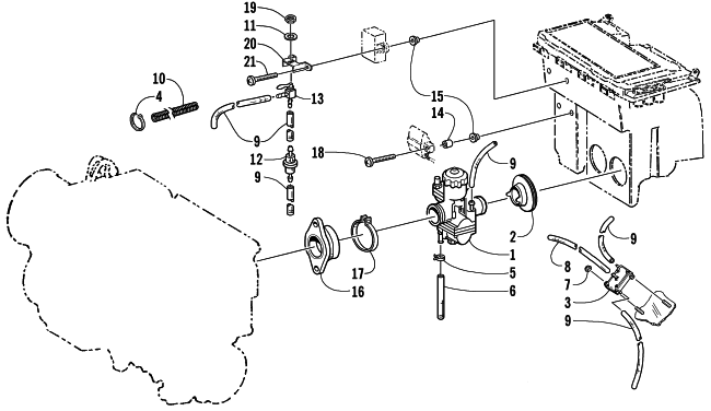 Parts Diagram for Arctic Cat 2001 PANTHER 440 (ESR) SNOWMOBILE CARBURETOR AND FUEL PUMP ASSEMBLY