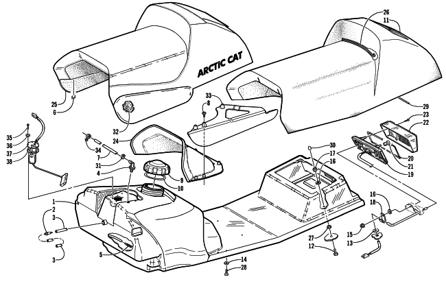 Parts Diagram for Arctic Cat 2001 THUNDERCAT () SNOWMOBILE GAS TANK, SEAT, AND TAILLIGHT ASSEMBLY