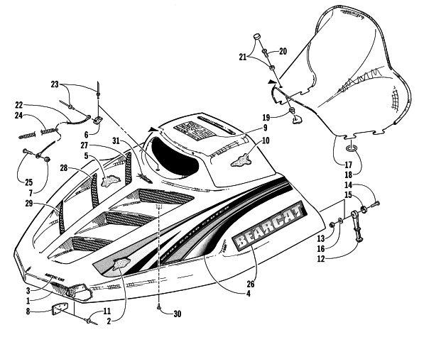 Parts Diagram for Arctic Cat 2001 BEARCAT WIDE TRACK SNOWMOBILE HOOD AND WINDSHIELD ASSEMBLY