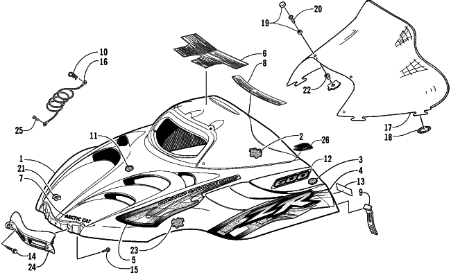 Parts Diagram for Arctic Cat 2001 ZR 600 SNOWMOBILE HOOD AND WINDSHIELD ASSEMBLY