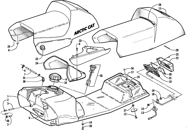 Parts Diagram for Arctic Cat 2001 ZR 500 () SNOWMOBILE GAS TANK, SEAT, AND TAILLIGHT ASSEMBLY