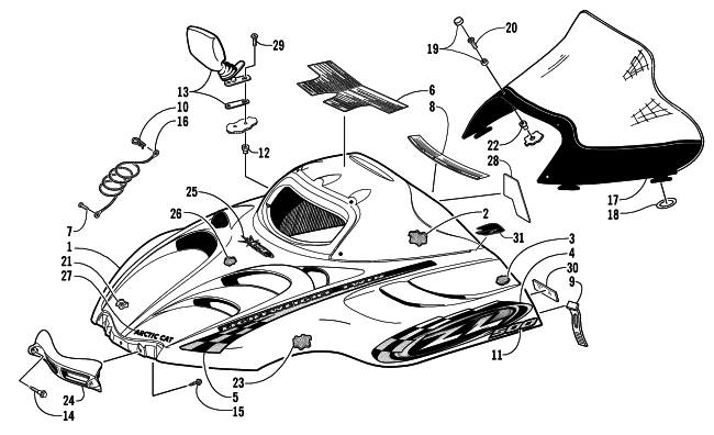 Parts Diagram for Arctic Cat 2001 ZR 500 EFI (ESR) SNOWMOBILE HOOD AND WINDSHIELD ASSEMBLY