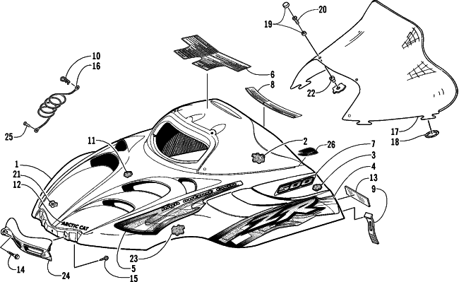 Parts Diagram for Arctic Cat 2001 ZR 500 EFI SNOWMOBILE HOOD AND WINDSHIELD ASSEMBLY