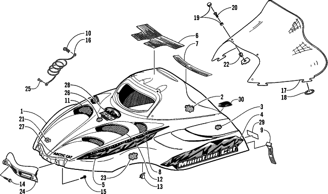 Parts Diagram for Arctic Cat 2001 MOUNTAIN CAT 500 EFI SNOWMOBILE HOOD AND WINDSHIELD ASSEMBLY