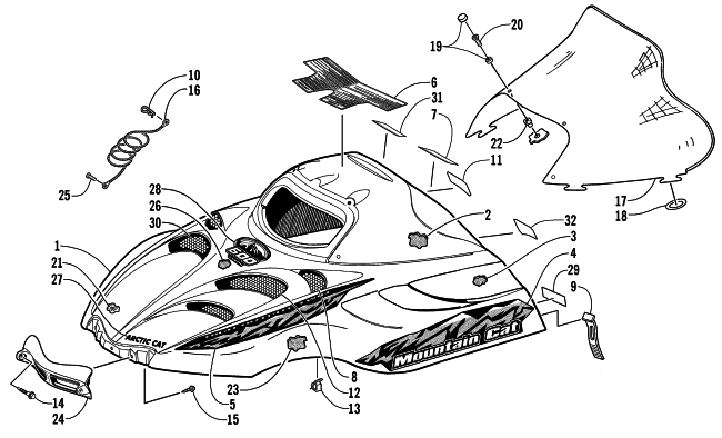 Parts Diagram for Arctic Cat 2001 MOUNTAIN CAT 600 EFI SNOWMOBILE HOOD AND WINDSHIELD ASSEMBLY (LE)