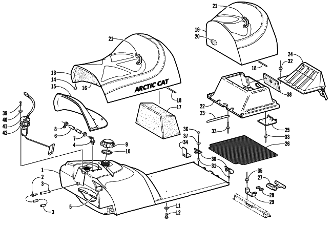 Parts Diagram for Arctic Cat 2001 TRIPLE TOURING 600 SNOWMOBILE GAS TANK, SEAT, AND FUEL SENSOR ASSEMBLY