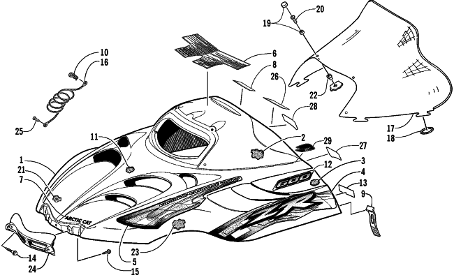 Parts Diagram for Arctic Cat 2001 ZR 600 EFI () SNOWMOBILE HOOD AND WINDSHIELD ASSEMBLY (LE)