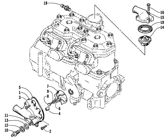 Parts Diagram for Arctic Cat 2002 MOUNTAIN CAT 600 EFI (LE ) SNOWMOBILE WATER PUMP AND THERMOSTAT