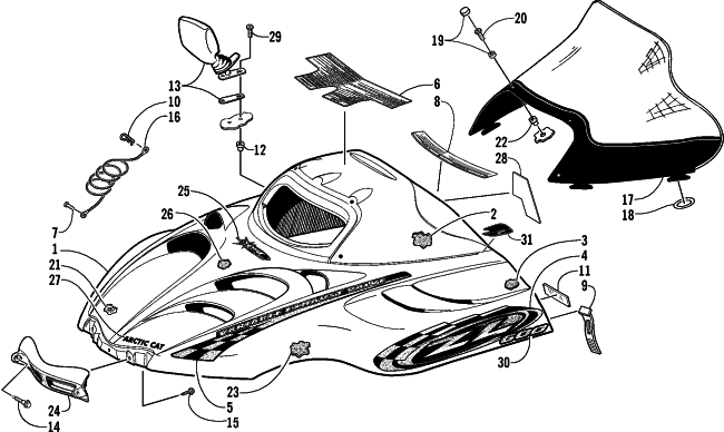 Parts Diagram for Arctic Cat 2001 ZL 600 EFI (ESR) SNOWMOBILE HOOD AND WINDSHIELD ASSEMBLY