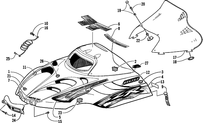Parts Diagram for Arctic Cat 2001 ZR 800 LE SNOWMOBILE HOOD AND WINDSHIELD ASSEMBLY