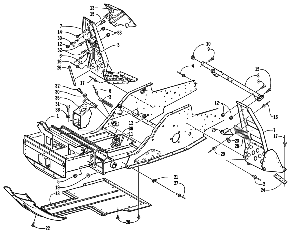 Parts Diagram for Arctic Cat 2001 MOUNTAIN CAT 800 () SNOWMOBILE FRONT FRAME AND FOOTREST ASSEMBLY