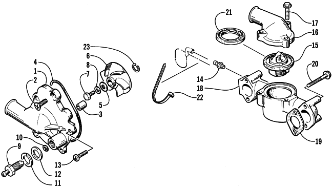 Parts Diagram for Arctic Cat 2001 PANTHER 550 SNOWMOBILE WATER PUMP/WATER MANIFOLD