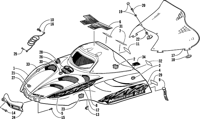 Parts Diagram for Arctic Cat 2001 MOUNTAIN CAT 800 () SNOWMOBILE HOOD AND WINDSHIELD ASSEMBLY (LE)