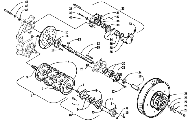 Parts Diagram for Arctic Cat 2001 TRIPLE TOURING 600 SNOWMOBILE DRIVE TRAIN SHAFTS AND BRAKE ASSEMBLIES