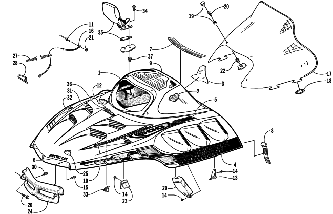 Parts Diagram for Arctic Cat 2001 TRIPLE TOURING 600 SNOWMOBILE HOOD AND WINDSHIELD ASSEMBLY