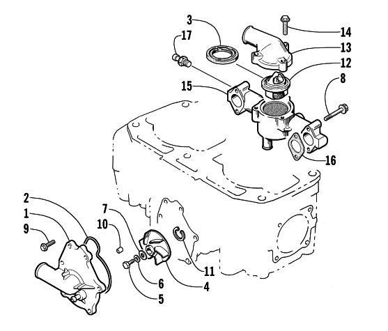 Parts Diagram for Arctic Cat 2001 ZL 800 (ESR ILLUSION) SNOWMOBILE WATER PUMP AND THERMOSTAT