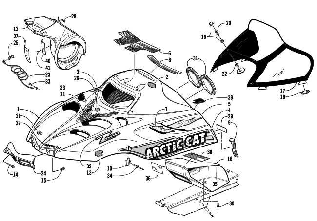 Parts Diagram for Arctic Cat 2001 Z 440 SNO PRO SNOWMOBILE HOOD AND WINDSHIELD ASSEMBLY
