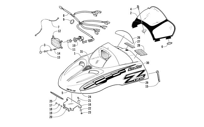 Parts Diagram for Arctic Cat 2001 Z 120 SNO PRO SNOWMOBILE HOOD, HEADLIGHT, AND WINDSHIELD ASSEMBLY