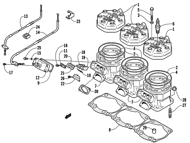 Parts Diagram for Arctic Cat 2001 TRIPLE TOURING 600 SNOWMOBILE CYLINDER AND HEAD ASSEMBLY