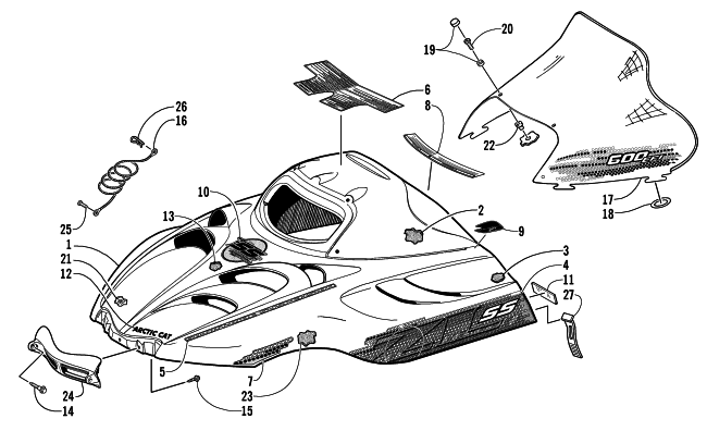 Parts Diagram for Arctic Cat 2002 ZL 600 EFI SS SNOWMOBILE HOOD AND WINDSHIELD ASSEMBLY
