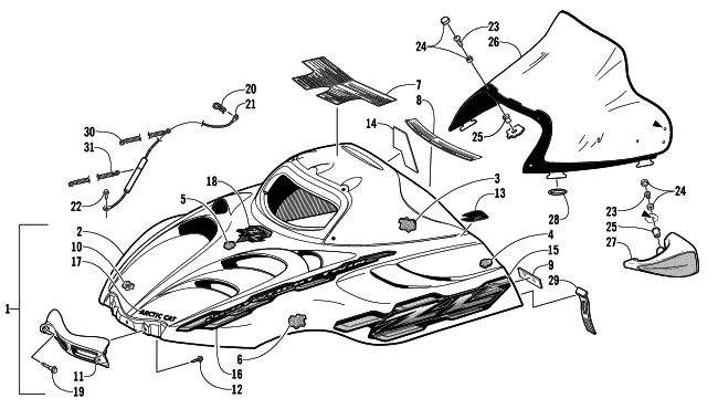 Parts Diagram for Arctic Cat 2002 ZL 550 (ESR) SNOWMOBILE HOOD AND WINDSHIELD ASSEMBLY