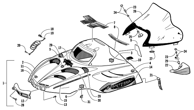 Parts Diagram for Arctic Cat 2002 PANTERA 550 SNOWMOBILE HOOD AND WINDSHIELD ASSEMBLY