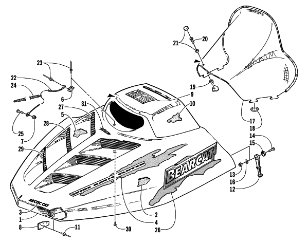 Parts Diagram for Arctic Cat 2002 BEARCAT WIDE TRACK () SNOWMOBILE HOOD AND WINDSHIELD ASSEMBLY