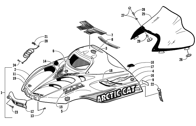 Parts Diagram for Arctic Cat 2002 ZR 600 SNOWMOBILE HOOD AND WINDSHIELD ASSEMBLY