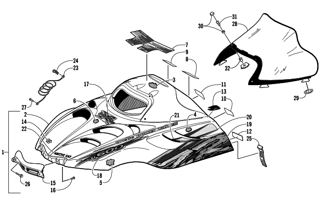 Parts Diagram for Arctic Cat 2002 ZR 600 EFI SNOWMOBILE HOOD AND WINDSHIELD ASSEMBLY