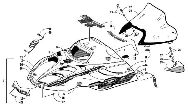 Parts Diagram for Arctic Cat 2002 ZL 600 EFI (ESR) SNOWMOBILE HOOD AND WINDSHIELD ASSEMBLY
