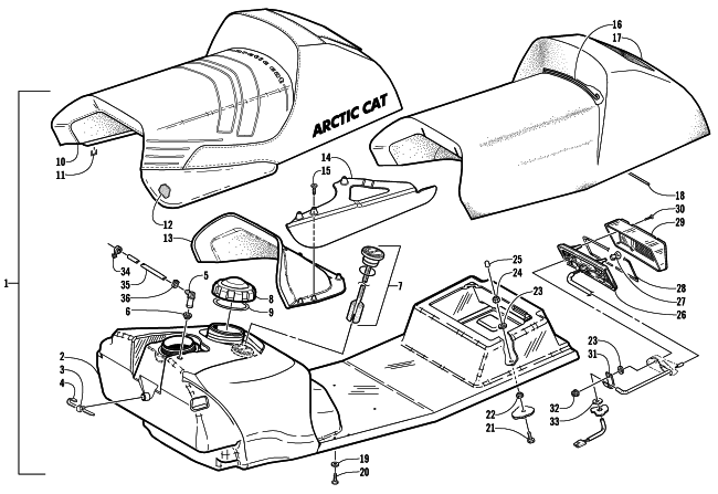 Parts Diagram for Arctic Cat 2002 ZR 600 EFI SNOWMOBILE GAS TANK, SEAT, AND TAILLIGHT ASSEMBLY