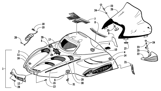 Parts Diagram for Arctic Cat 2002 PANTERA 600 EFI ESR SNOWMOBILE HOOD AND WINDSHIELD ASSEMBLY