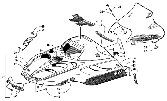 Parts Diagram for Arctic Cat 2002 ZL 600 EFI SS ( ESR) SNOWMOBILE HOOD AND WINDSHIELD ASSEMBLY