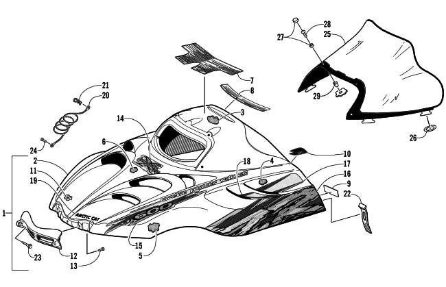 Parts Diagram for Arctic Cat 2002 ZR 600 EFI SNOWMOBILE HOOD AND WINDSHIELD ASSEMBLY (CC International)