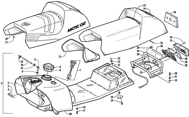 Parts Diagram for Arctic Cat 2002 MOUNTAIN CAT 600 EFI (LE ) SNOWMOBILE GAS TANK, SEAT, RACK, AND TAILLIGHT ASSEMBLY