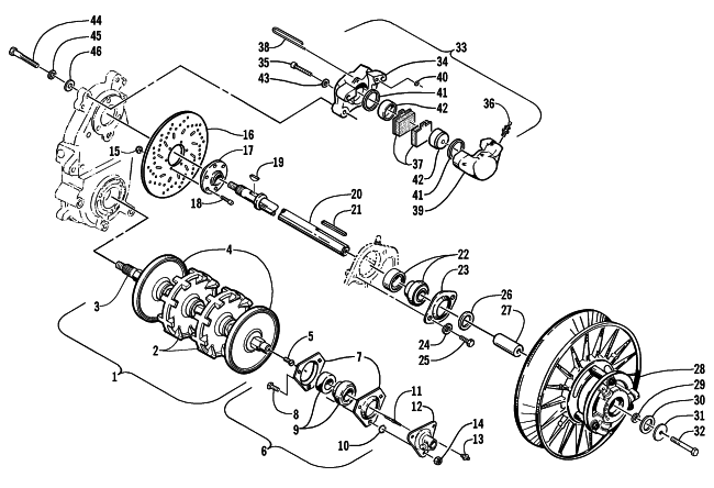 Parts Diagram for Arctic Cat 2002 MOUNTAIN CAT 500 SNOWMOBILE DRIVE TRAIN SHAFTS AND BRAKE ASSEMBLIES