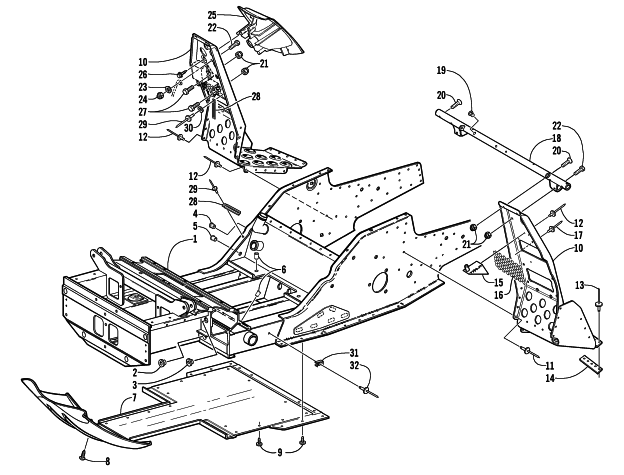 Parts Diagram for Arctic Cat 2002 MOUNTAIN CAT 500 SNOWMOBILE FRONT FRAME AND FOOTREST ASSEMBLY