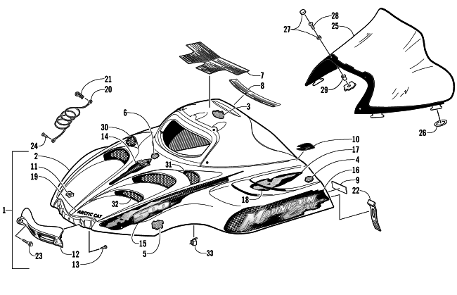 Parts Diagram for Arctic Cat 2002 MOUNTAIN CAT 500 SNOWMOBILE HOOD AND WINDSHIELD ASSEMBLY