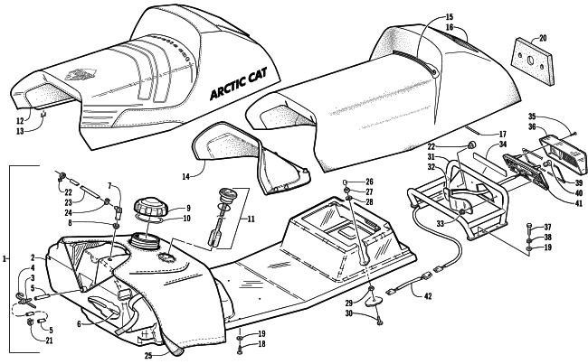 Parts Diagram for Arctic Cat 2002 MOUNTAIN CAT 800 (LE 151) SNOWMOBILE GAS TANK, SEAT, AND TAILLIGHT ASSEMBLY