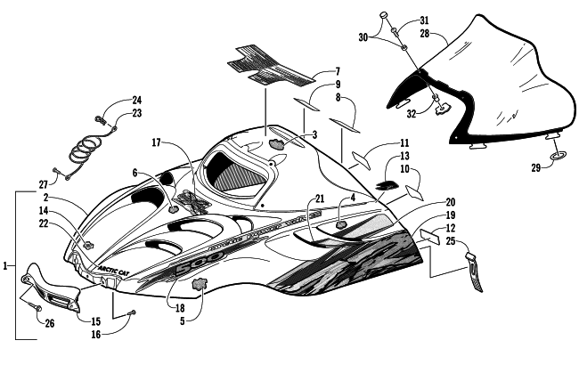 Parts Diagram for Arctic Cat 2002 ZR 500 CC () SNOWMOBILE HOOD AND WINDSHIELD ASSEMBLY