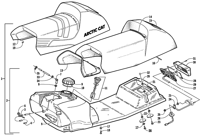 Parts Diagram for Arctic Cat 2002 Z 570 () SNOWMOBILE GAS TANK, SEAT, AND TAILLIGHT ASSEMBLY
