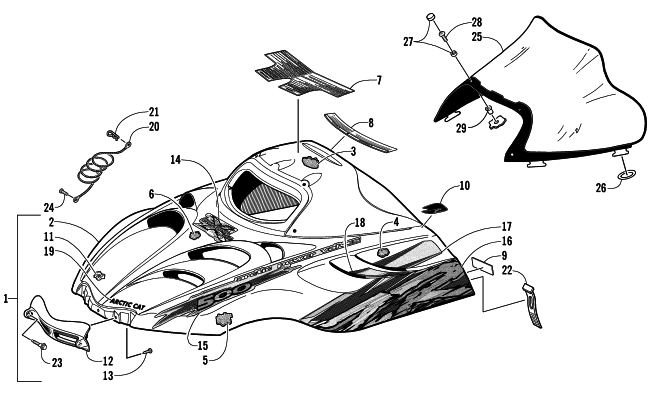 Parts Diagram for Arctic Cat 2002 ZR 500 SNOWMOBILE HOOD AND WINDSHIELD ASSEMBLY (CC International)