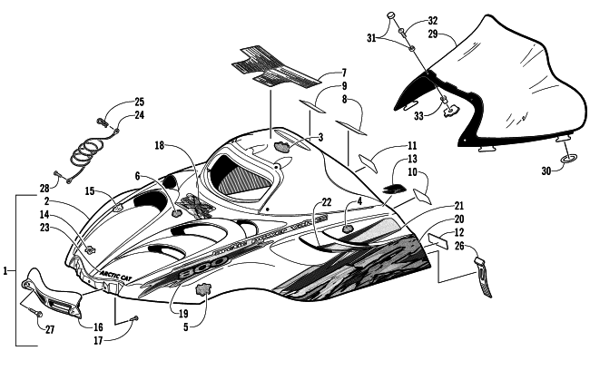 Parts Diagram for Arctic Cat 2002 ZR 800 CC () SNOWMOBILE HOOD AND WINDSHIELD ASSEMBLY