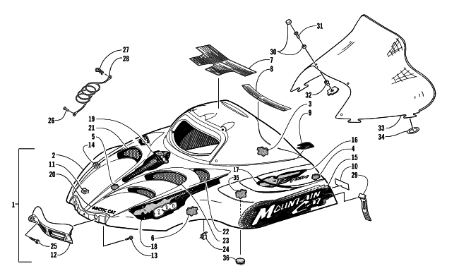 Parts Diagram for Arctic Cat 2002 MOUNTAIN CAT 800 SNOWMOBILE HOOD AND WINDSHIELD ASSEMBLY