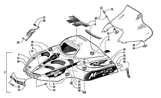 Parts Diagram for Arctic Cat 2002 MOUNTAIN CAT 800 EFI (LE 151) SNOWMOBILE HOOD AND WINDSHIELD ASSEMBLY