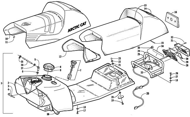 Parts Diagram for Arctic Cat 2002 MOUNTAIN CAT 800 EFI SNOWMOBILE GAS TANK, SEAT, RACK, AND TAILLIGHT ASSEMBLY