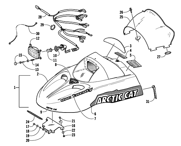 Parts Diagram for Arctic Cat 2002 ZR 120 SNOWMOBILE HOOD, HEADLIGHT, AND WINDSHIELD ASSEMBLY