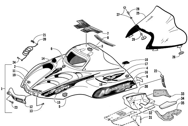Parts Diagram for Arctic Cat 2002 MOUNTAIN CAT 570 SNOWMOBILE HOOD AND WINDSHIELD ASSEMBLY