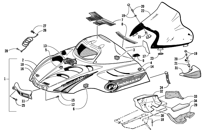 Parts Diagram for Arctic Cat 2002 PANTHER 570 (ESR) SNOWMOBILE HOOD AND WINDSHIELD ASSEMBLY